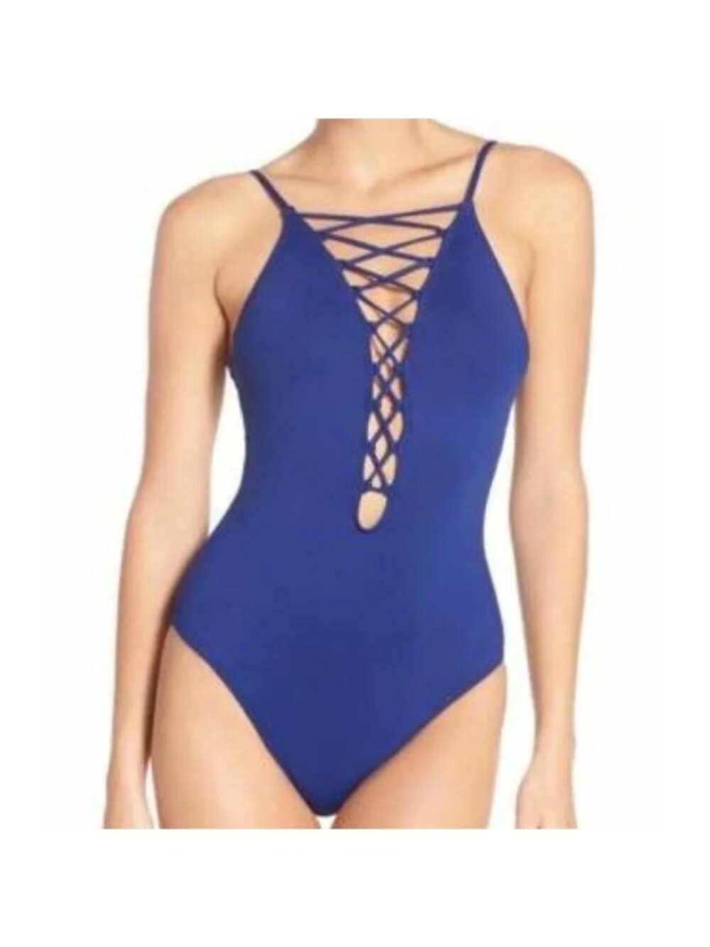 🆕LA BLANCA Island Goddess Lace Up One Piece Swimsuit Blue 4